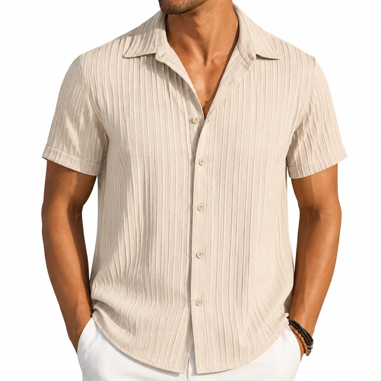 Camicia uomo taglia M beige a righe a manica corta con bottoni stile casual