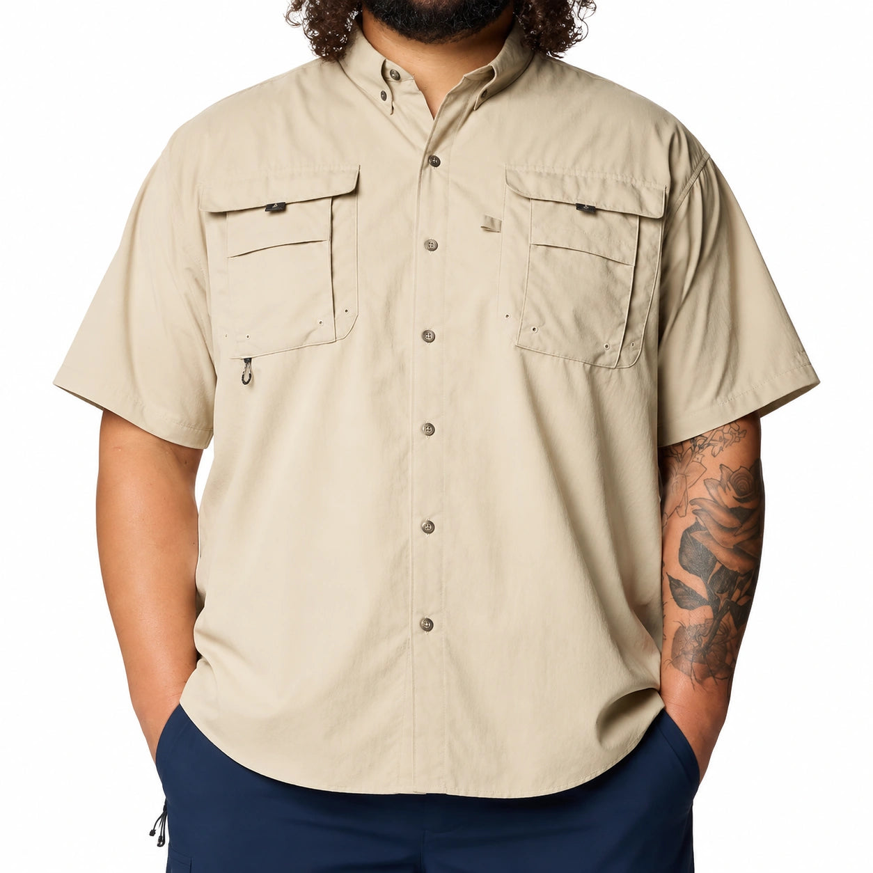 Camicia uomo M beige in tessuto leggero a maniche corte - stile utility con tasche