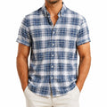 Camicia da uomo M a quadri blu e bianco in tessuto leggero a maniche corte