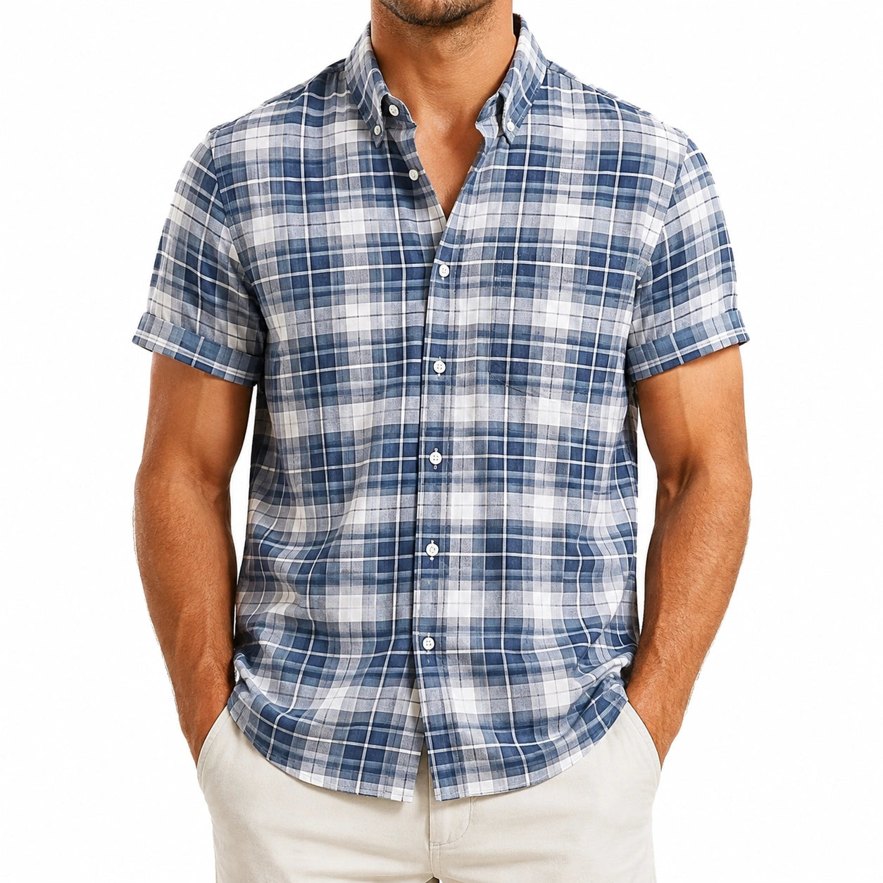 Camicia da uomo M a quadri blu e bianco in tessuto leggero a maniche corte