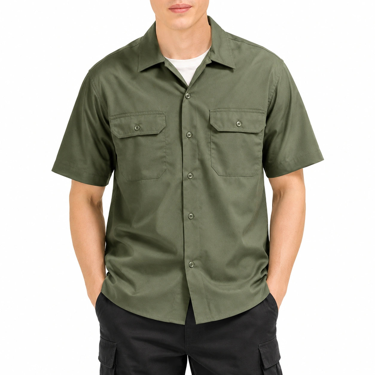 Camicia uomo taglia L verde oliva a maniche corte con tasche