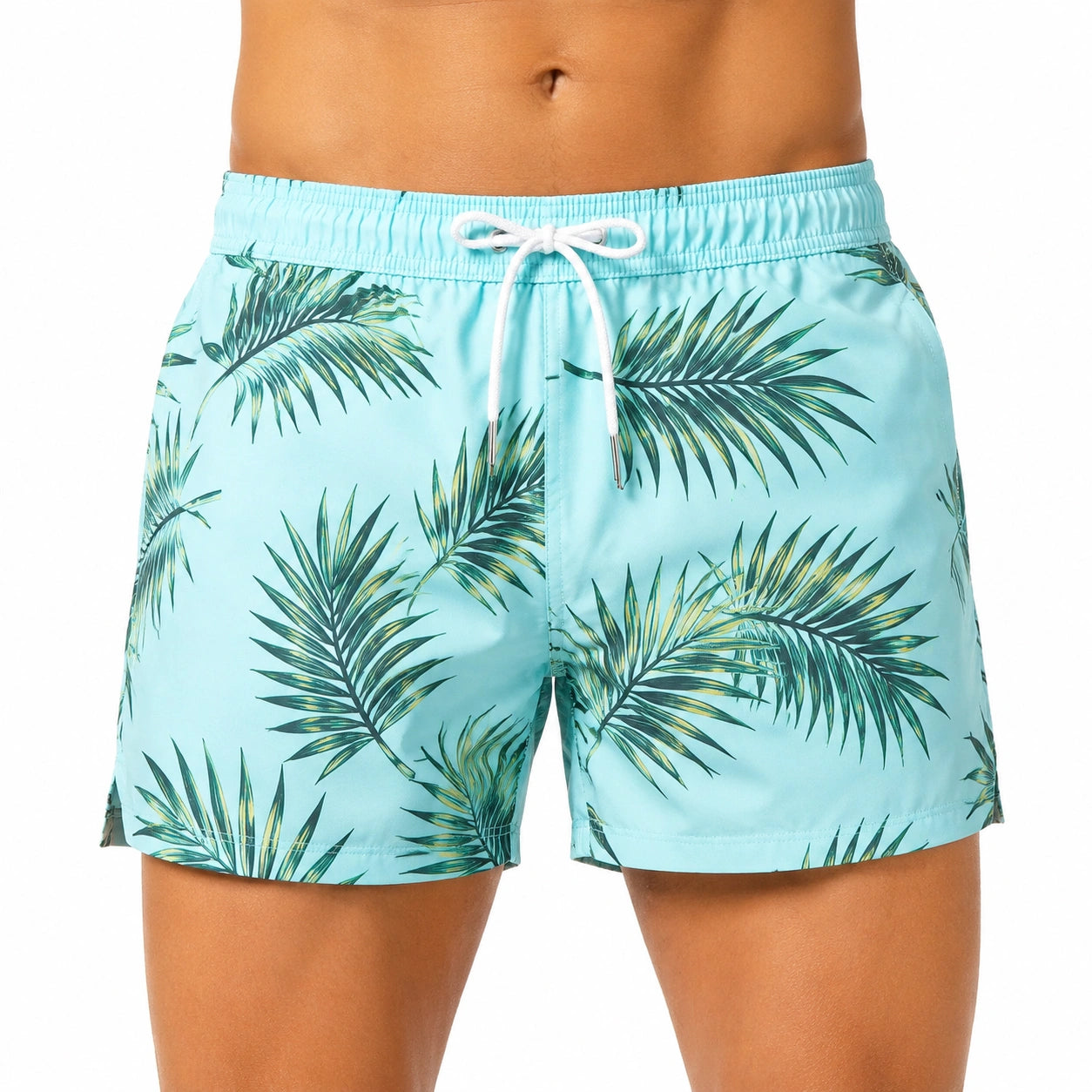 Costume da bagno uomo M in poliestere turchese con stampa foglie tropicali e coulisse