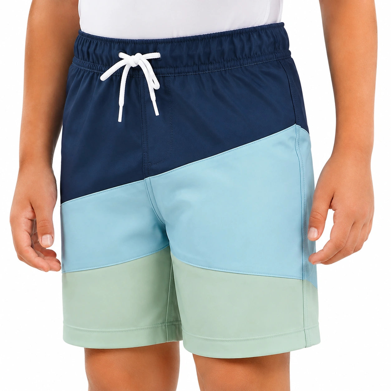 Costume da bagno bambino L in tessuto blu navy azzurro verde con coulisse - pantaloncino color block
