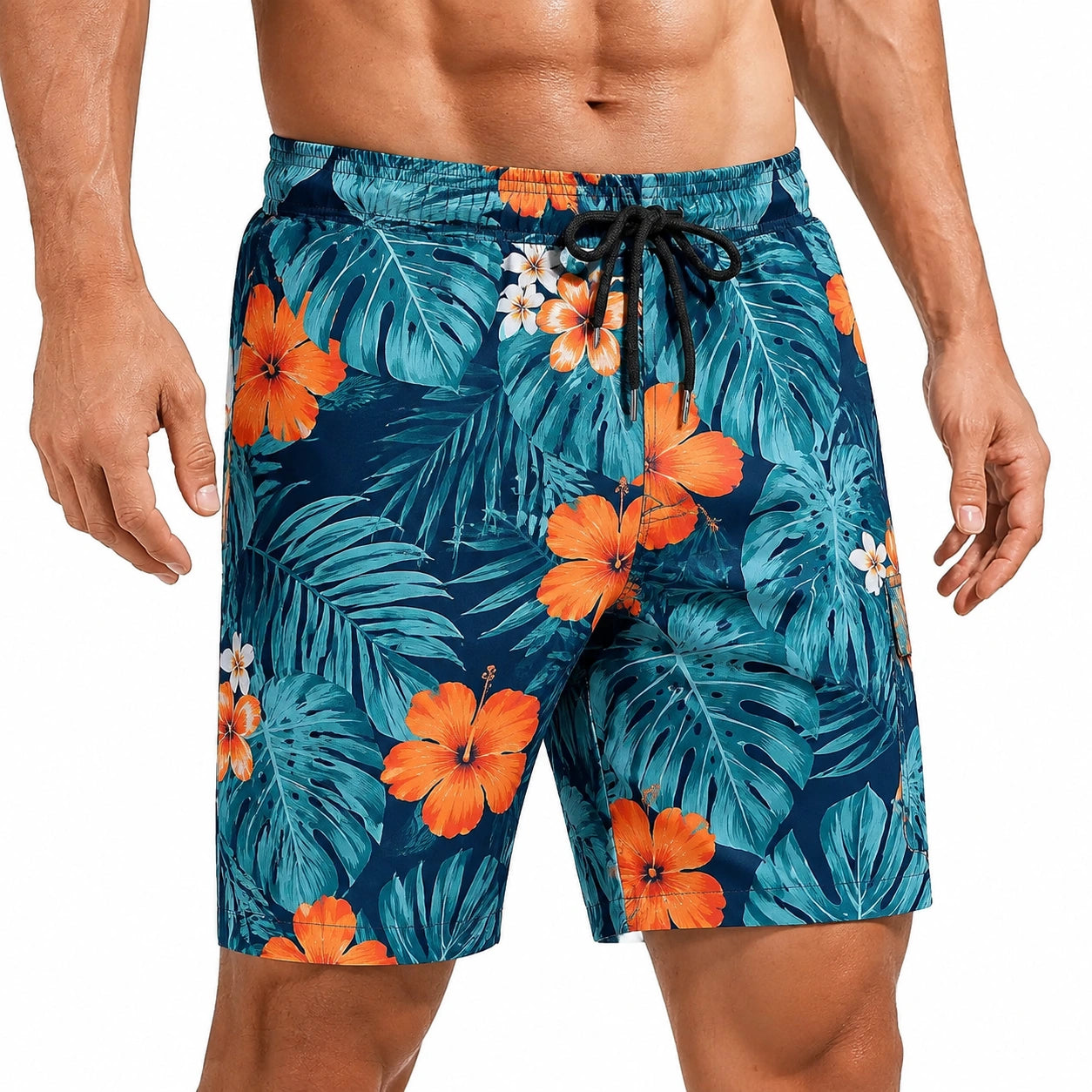 Costume da bagno uomo L in tessuto blu con stampa tropicale e coulisse