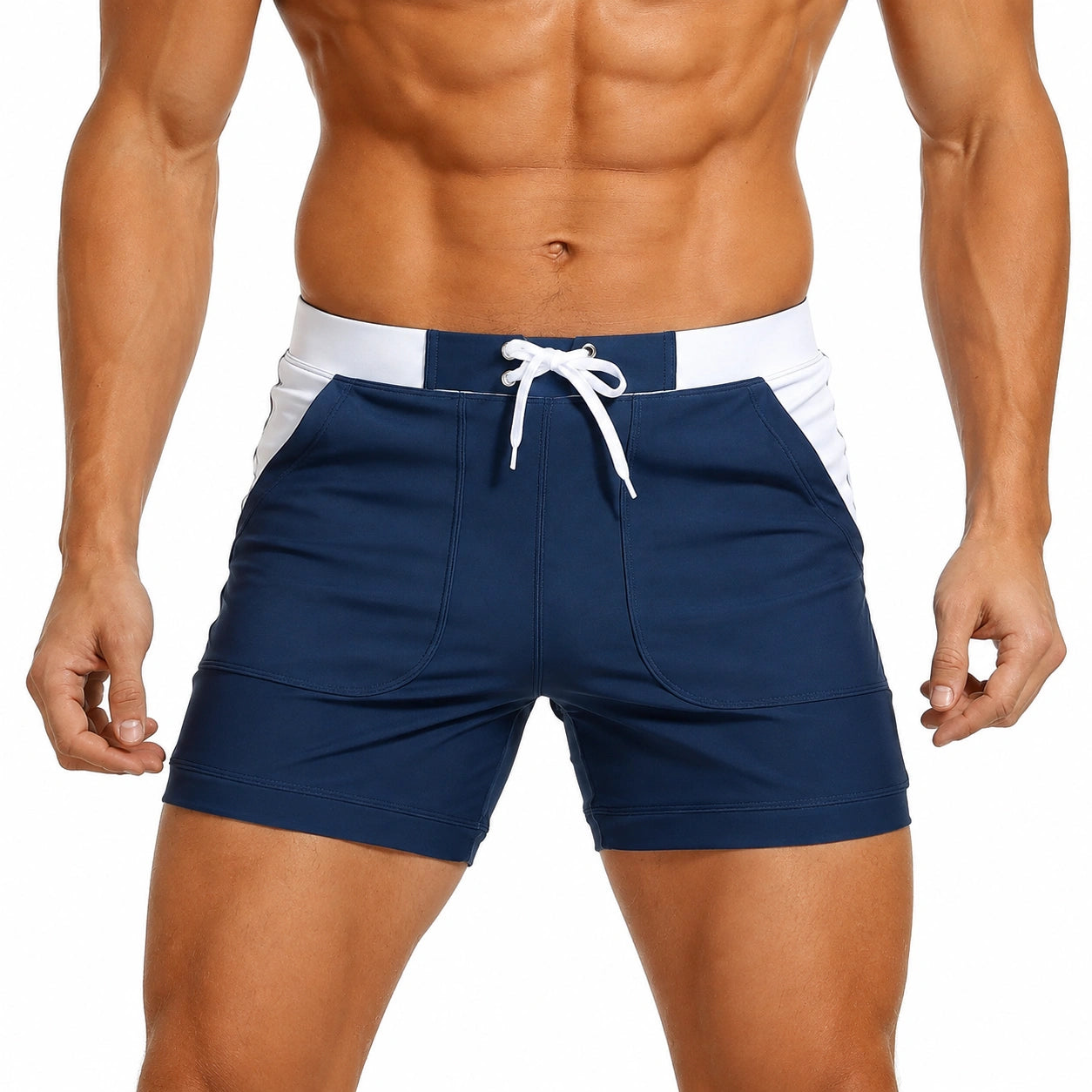 Costume da bagno uomo L blu navy e bianco con coulisse e tasche