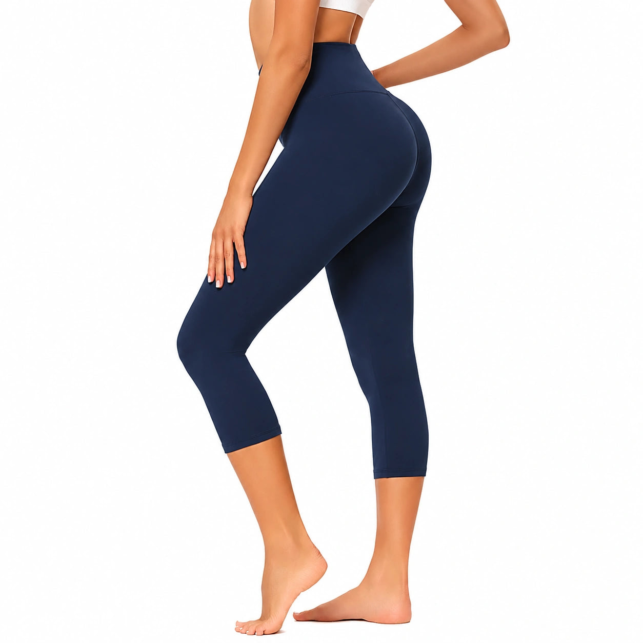 Leggings capri donna taglia S in tessuto elasticizzato blu navy a vita alta per fitness