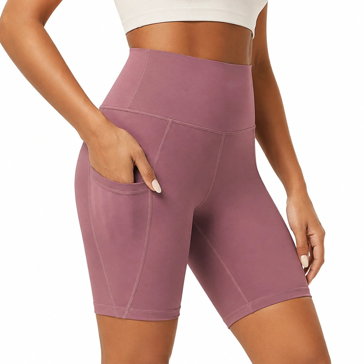 Leggings ciclista donna M in tessuto elasticizzato malva a vita alta con tasca