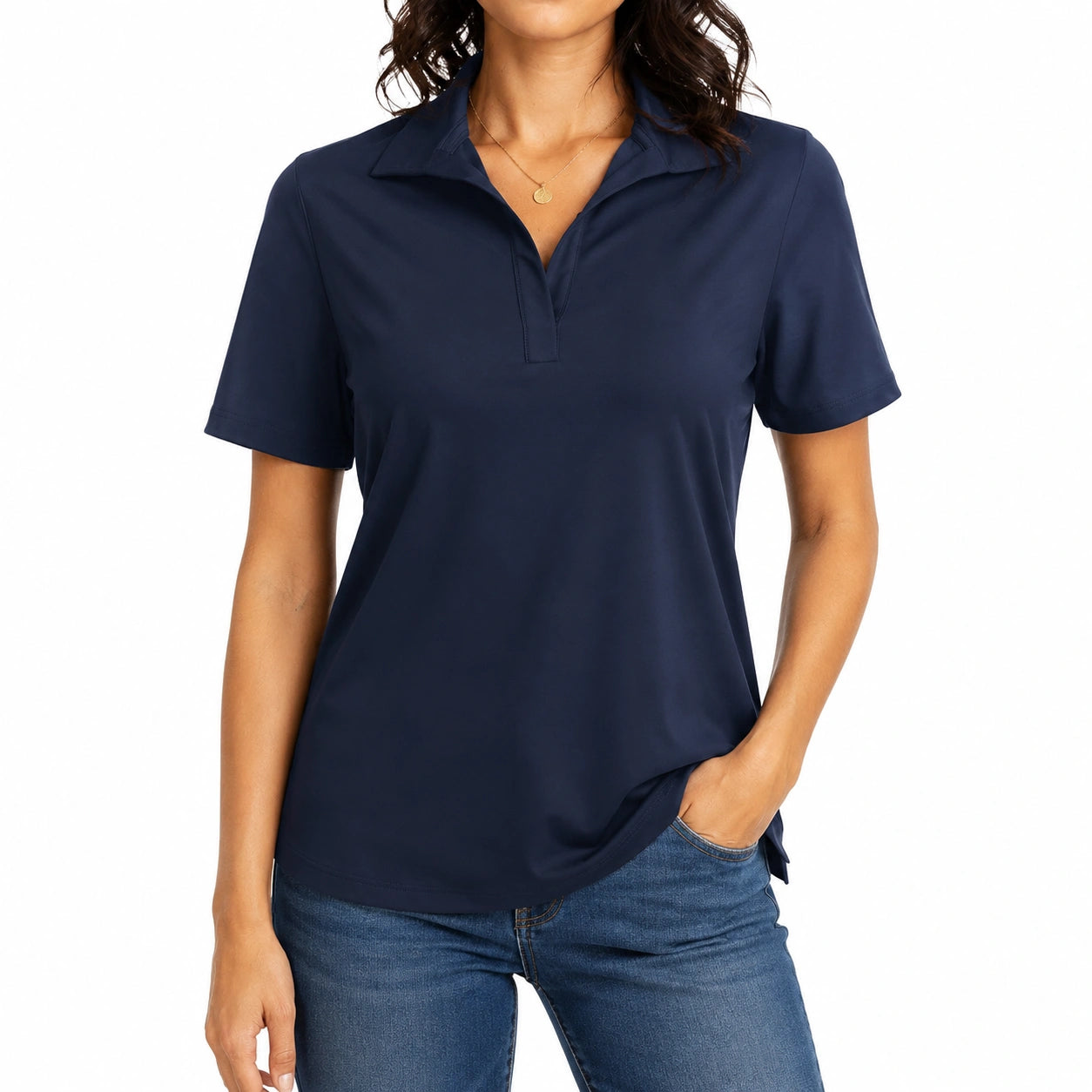 Polo da donna L blu navy in tessuto liscio a maniche corte stile casual