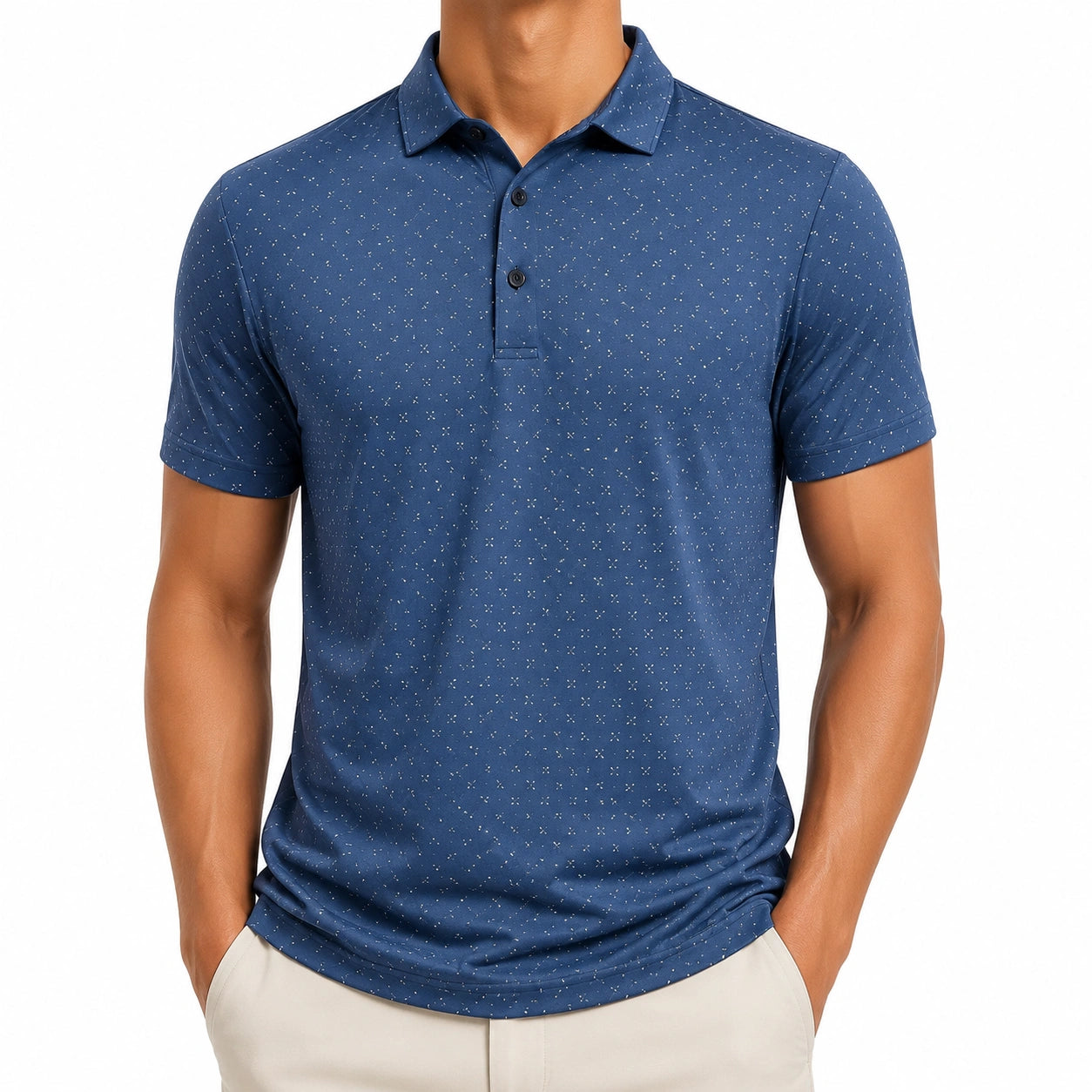 Polo da uomo M in tessuto blu con microstampa a maniche corte