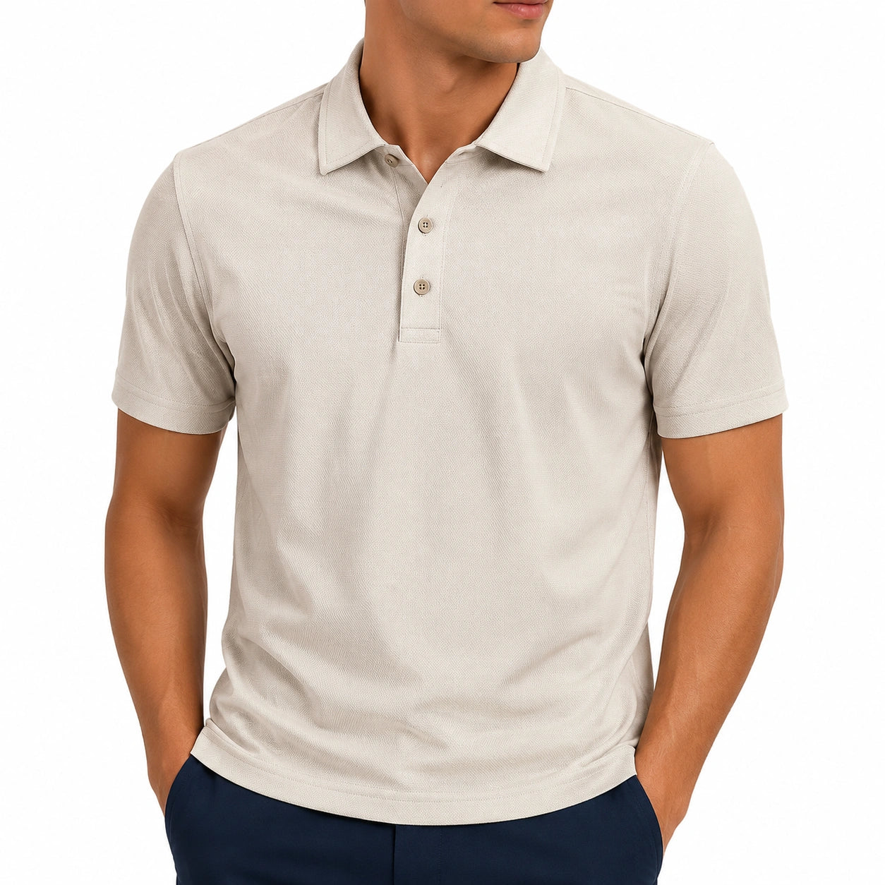 Polo uomo taglia L in tessuto testurizzato beige a maniche corte stile casual