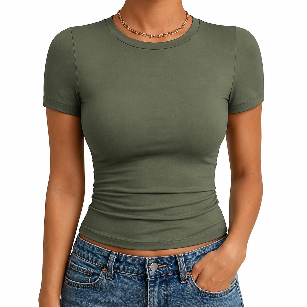 T-shirt donna taglia S in tessuto elasticizzato verde oliva a maniche corte aderente