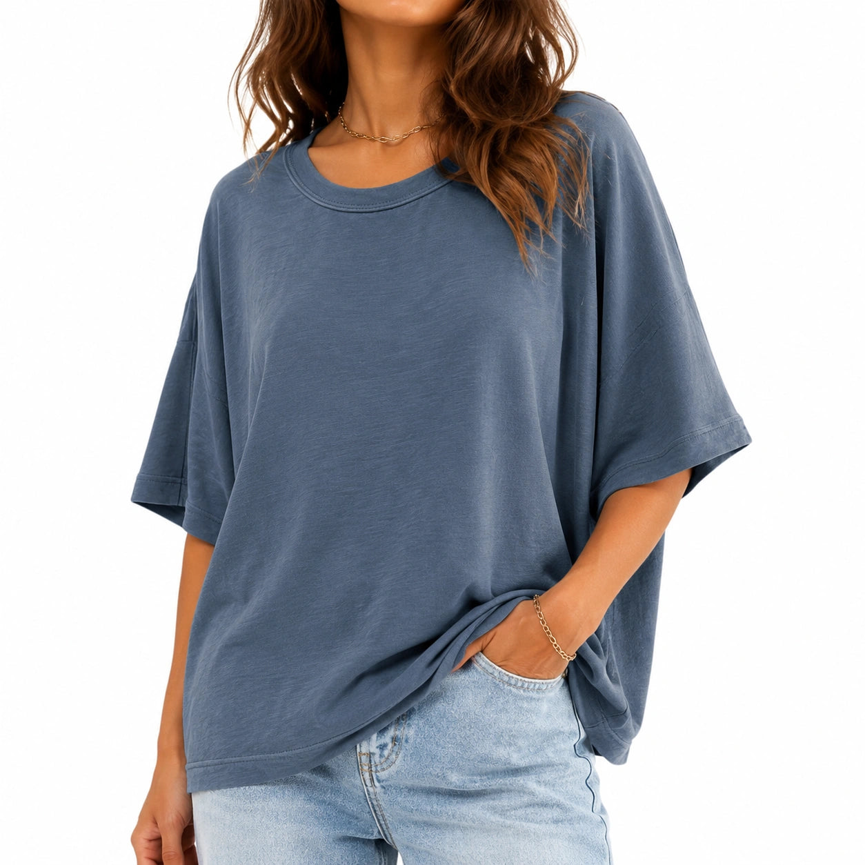 T-shirt donna S blu in tessuto a maniche corte - vestibilità ampia casual