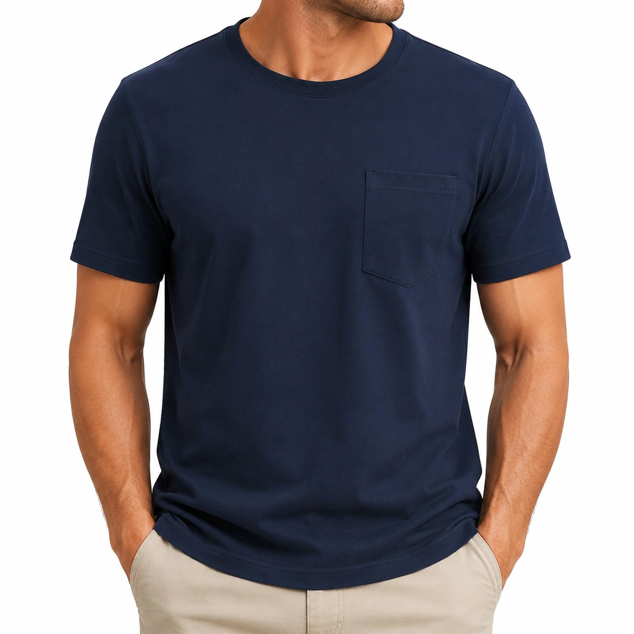T-shirt uomo taglia L in tessuto blu navy con taschino - girocollo a maniche corte