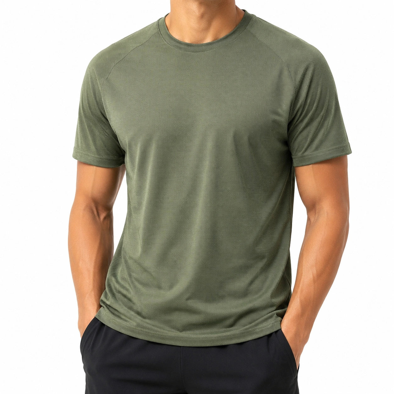 T-shirt uomo L verde oliva in tessuto a maglia fine - girocollo manica corta casual